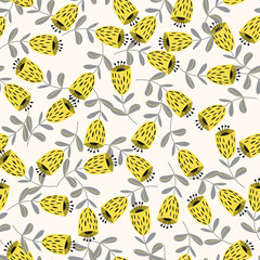 Seamless floral pattern based on traditional folk art ornaments. Colorful flowers on light background. Scandinavian style. Sweden nordic style. Vector illustration. Simple minimalistic pattern