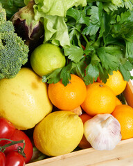 Online food delivery concept during quarantine. Fresh vegetables, fruits, food in a wooden box. Delivery from supermarket, farmers