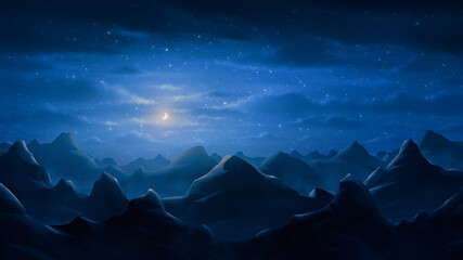 Night background of rocky mountains that stretch to the horizon under the moonlight. Fantasy landscape. Digital painting illustration