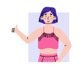 Happy cheerful girl showing gesture thumb up. Female smiling character expressing positive emotions by ok sign. Flat vector isolated illustration.
