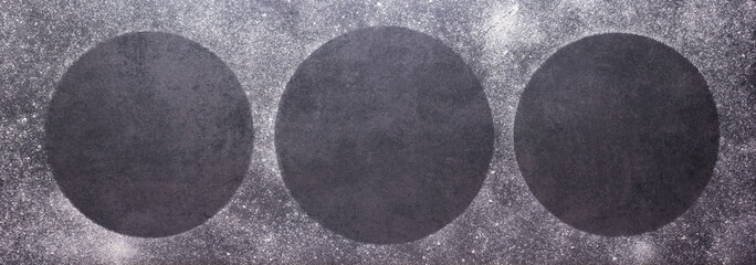 Flour food powder and circle round traces as bakery concept for homemade bread baking on table