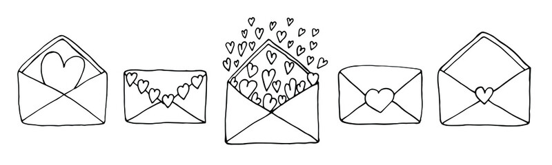 Vector envelopes set. Lovely envelopes with hearts. Cute holiday decoration, greeting cards, invitations, textile, doodle clip arts, coloring book.