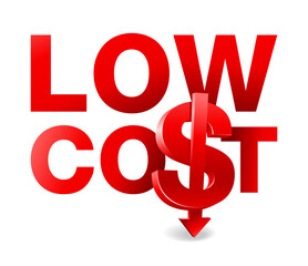 Low cost, slogan with 3D dollar sign and arrow
