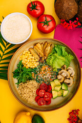 Healthy eating. Salad with mushrooms, lettuce, tomatoes and zucchini on a decorated table