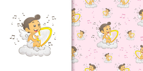 The cupid sitting and playing the harp in the paradise