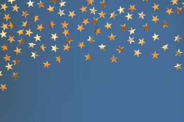 Stars golden glitter confetti isolated on blurred abstract blue background. Festive holiday background. Celebration concept. Falling magic gold particles. Invitation mock up. Top view, flat lay.