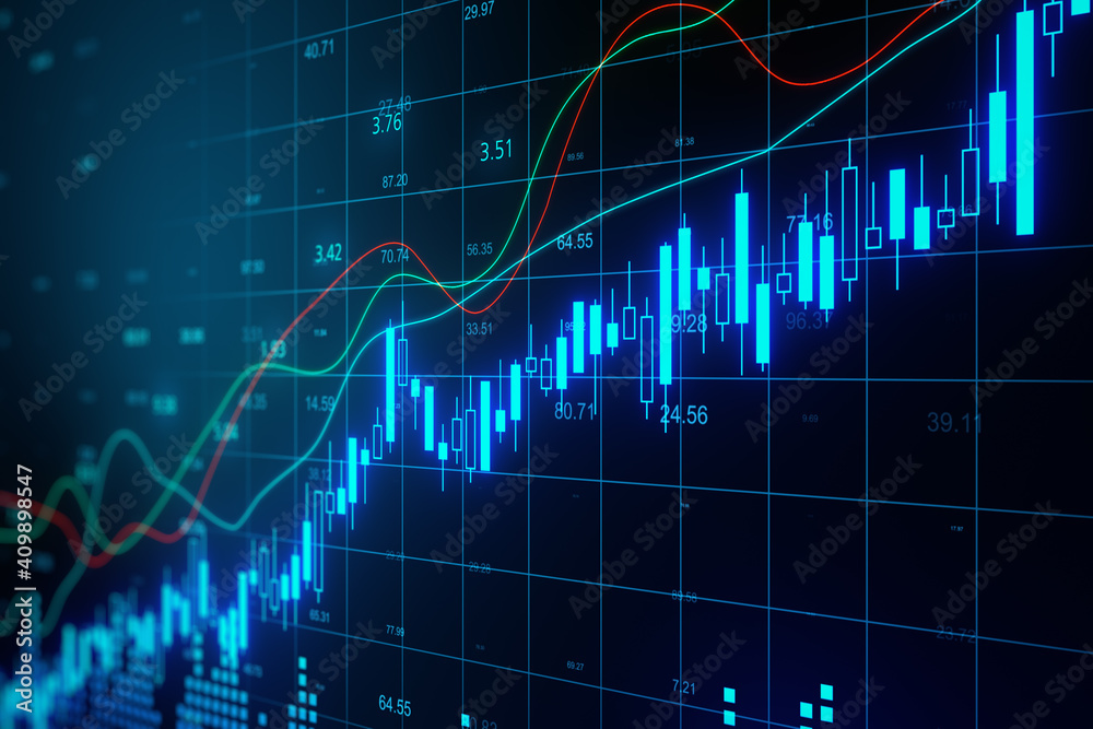 Aufkleber Glowing stock chart with candlestick and big data index grid.