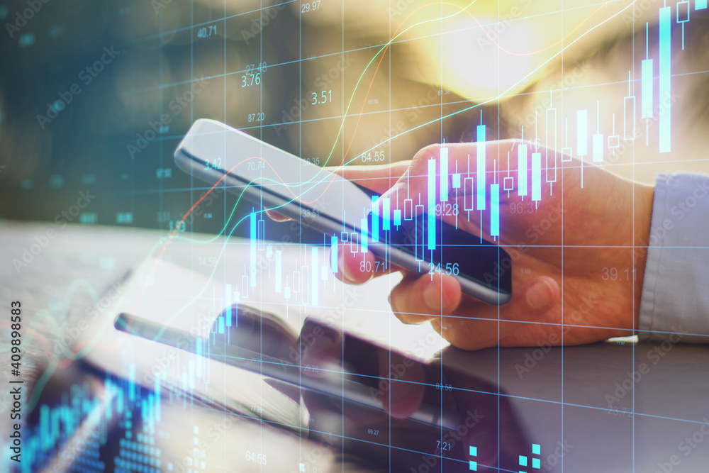 Poster Hands using smartphone with candlestick stock charts.