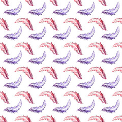 Watercolor illustration of a pink feather on a white background. Seamless pattern for textiles. Bird feather.