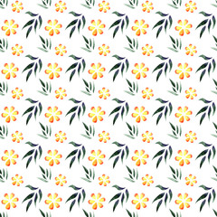 Watercolor illustration of green leaves, branches and yellow flowers. Seamless pattern for textiles. Spring.