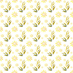 Watercolor illustration of green leaves, branches and yellow flowers. Seamless pattern for textiles. Spring.
