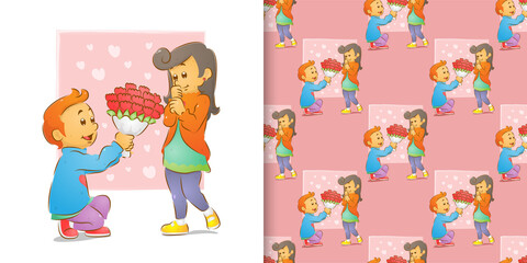 The pattern set of the of the man giving a flowers and kneeling love with a woman