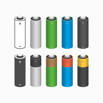 Cylinder batteries, type AA different colors in realistic style. Vector illustration EPS 10.