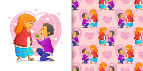 The pattern set of the romantic couple giving a ring to his wife with the love background