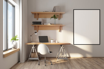 Modern home workplace with blank poster on wall.
