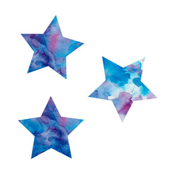 Watercolor illustration of blue stars on a white background. Space. Drawing for children