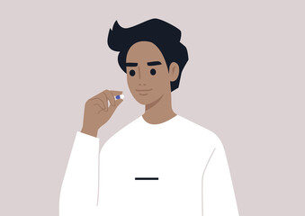Medicine and healthy lifestyle concept, a young male character taking a pill