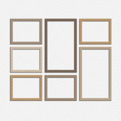 Set of wooden frame. Wooden square picture frames set for your web design. Vector collection of Photo Frames isolated on transparent background.
