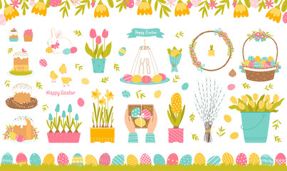 Happy Easter set. Collection of elements for the Easter holiday. Items isolated on a white background. Spring color palette. Vector illustration in flat style.