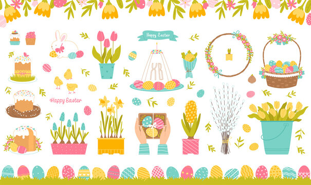 Happy Easter set. Collection of elements for the Easter holiday. Items isolated on a white background. Spring color palette. Vector illustration in flat style.