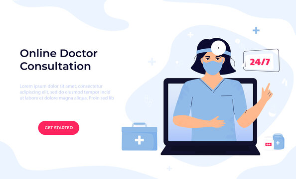 Woman Otolaryngologist Doctor In Protective Mask And Head Reflector Consults Online By Video Call On Laptop. Ent Clinic. Telemedicine Concept. Chat With A Medical Worker. Web Page Template.