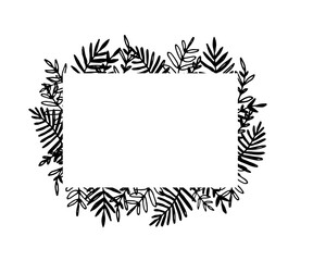Vector isolated Rectangular doodle frame leaves in doodle style on white background. Vector isolated outline of black colored leaves on a white background. doodle drawing of tropical leaves. Vector is