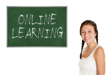 Elder schoolgirl in front of a chalkboard, online learning is written on the board, model is eighteen years old, isolated on white background