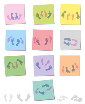 Sex positions with male and female feet on colored sticky notes Colorful memos with fun of a love couple. Isolated vector illustration on white background.
