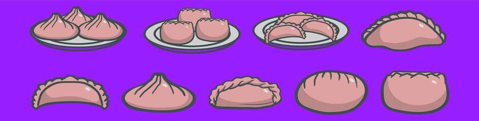 Obraz premium set of dumplings cartoon icon design template with various models. vector illustration isolated on purple background