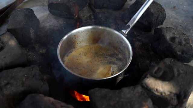 Desi Chai Tea Making In Village Of India, tea making at village tea shop on fire
