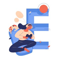 E sports concept illustration with young woman playing with controller, cat sleeping on back of chair and capital letter E isolated on white. Vector concept illustration