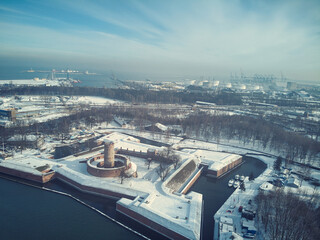 snowy wisloujscie stronghold from above