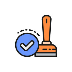 Approved, check mark stamp, verification, quality control flat color line icon.