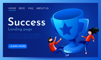 People fly around trophy cup. Victory, success and leadership concept. Landing page website template.