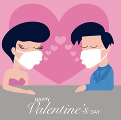 A lovely dating couple wearing masks kissing each other in a new normal concept, social distancing and no contact on Valentine's day during COVID-19 coronavirus outbreak. Vector illustration.