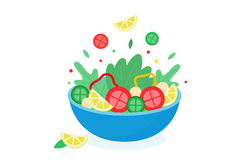 Bowl of Healthy Salad with Fresh Ingredients Flat Vector Illustration.