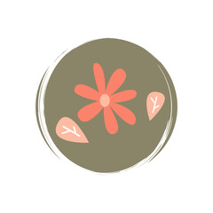 Cute logo or icon vector with daisy flowers in contemporary boho style, illustration on circle with brush texture, for social media story and highlights	