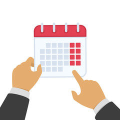 Stock calendar in the hands of man. One hand man holding a calendar, the second hand points to the calendar. Stock illustration in a flat style.