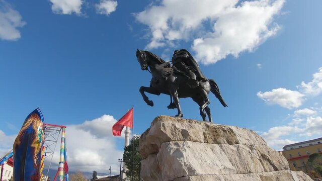 Statue of George Kastrioti Skanderbeg, an Albanian national heror who led a rebellion against the Ottoman Empire, in the main square of capital city of Tirana.