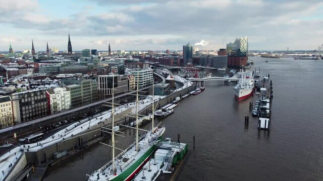 Hamburg Harbour view from drone in winter
