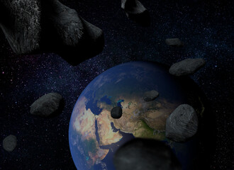 Space background with planet earth and comets. Giant asteroids are approaching the Earth. Realistic Meteorite. 3D Rendering