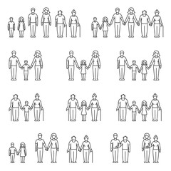 Family, parents and children, set of illustrations. people of different ages, family, linear icons. Grandma, grandpa, dad, mom, husband, wife, son, daughter, brother, sister. Line with editable strok