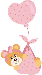 Cute baby girl teddy bear flying with pink heart balloon
