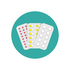 Vector pills and capsules icon. Medical vitamin pharmacy illustration in flat style. Icons of medicament. Tablets different sizes and forms in blisters. Pharmacy and drug symbols.