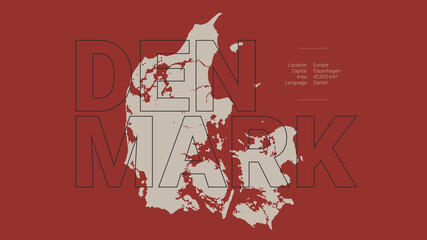 Denmark map silhouette with country name and description, color vector detailed poster