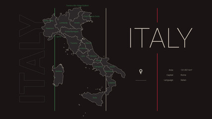 Detailed map of Italy, division and country information, travel poster in dark style, vector illustration