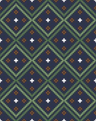 Scandinavian style floral ornament with pixel embroidery effect. Seamless vector pattern for web and print, textile, wrapping paper, scrapbooking, postcards.