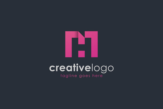 Abstract Initial Letter M and H Logo. Purple M Letter Square Origami with Negative Space H Letter isolated on Dark Blue Background. Usable for Branding Logos. Flat Vector Logo Design Template Element.