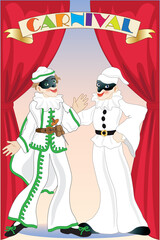 Two male characters wear the costumes of two Italian brighella and pulcinella masks on a stage