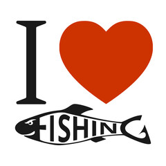 I love fishing. Red heart icon isolated on white background. Concept of hobby, pastime. T-shirt print graphics. Vector illustration. EPS10.